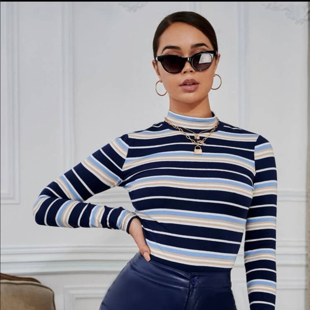 Mock Turtleneck Striped Longsleeve Tee M